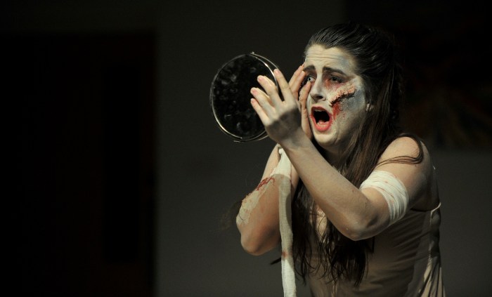 Molly Rose Dumbell stars as The Creation in Moth Sanctuary Productions performance of Frankenstein: New Skin at Cheltenham Literature Festival 2018. 