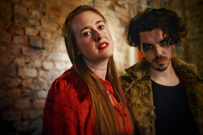 Stephanie Hazel stars as Red and Andrew Bate stars as Wolf in Moth Sanctuary Productions performance of In The Company of Wolves at Cheltenham Literature Festival 2019. 